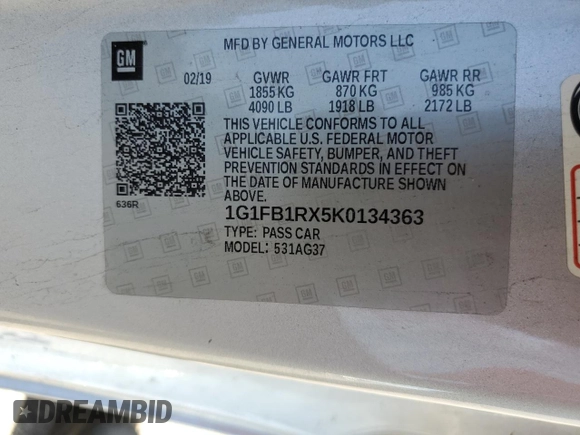 2019 Chevrolet Camaro 1LT z VIN 1G1FB1RX5K0134363, wystawiony jako Copart lot #56253715 z przebiegiem 83 194 mil mil oraz Szkoda całkowita • Salvage title. Historia ofert i sprzedaży dostępna na DreamBid. Obrazek 12.