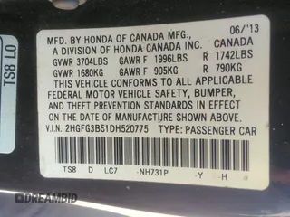 2013 Honda Civic Cpe LX with VIN 2HGFG3B51DH520775, listed as a IAAI auction lot 41853604 with 219,336 mi miles. Bid and sale history available at carsss.com. Image 9.