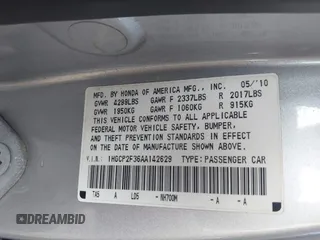 2010 Honda Accord LX with VIN 1HGCP2F36AA142629, listed as a IAAI auction lot 42575675 with 176,257 mi miles and . Bid and sale history available at DreamBid. Image 9.