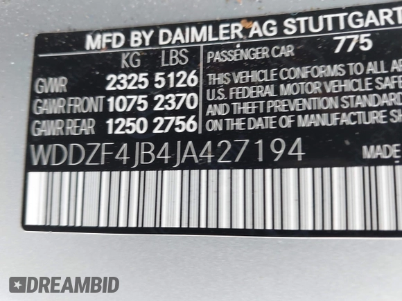 2018 Mercedes-Benz E 300 with VIN WDDZF4JB4JA427194, listed as a IAAI auction lot 42610082 with Not provided miles and . Bid and sale history available at DreamBid. Image 9.