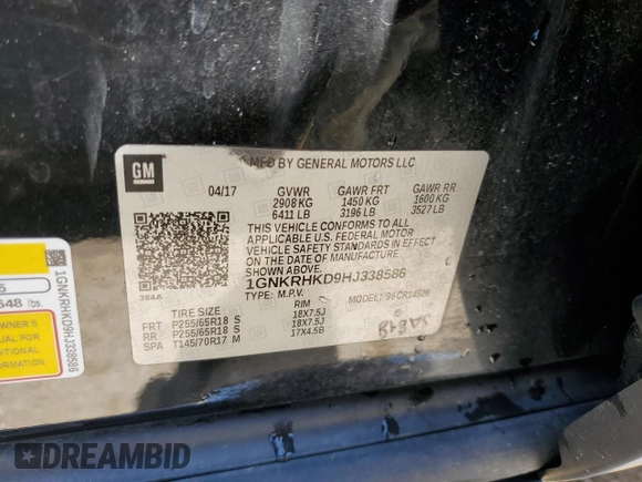 2017 Chevrolet Traverse LT with VIN 1GNKRHKD9HJ338586, listed as a Copart auction lot 58360584 with 89,066 mi miles and Salvage Title. Bid and sale history available at DreamBid. Image 13.