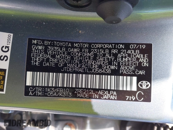 2020 Toyota Corolla LE with VIN JTDEPRAE1LJ058438, listed as a IAAI auction lot 42091884 with 17,788 mi miles and . Bid and sale history available at DreamBid. Image 9.