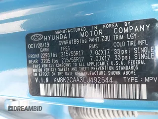2020 Hyundai Kona SEL with VIN KM8K2CAA3LU492544, listed as a IAAI auction lot 41887870 with 48,210 mi miles and . Bid and sale history available at carsss.com. Image 9.