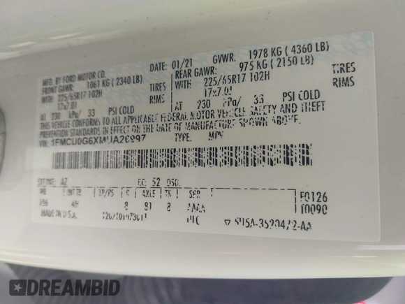 2021 Ford Escape SE с VIN 1FMCU0G6XMUA26997, выставлен на аукционе IAAI как лот 42163518 с пробегом 107 714 миль миль и . История ставок и продаж доступна на DreamBid. Изображение 9.
