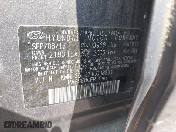 2018 Hyundai Elantra with VIN KMHH35LE7JU038331, listed as a IAAI auction lot 42412353 with 39,283 mi miles and . Bid and sale history available at DreamBid. Image 9.