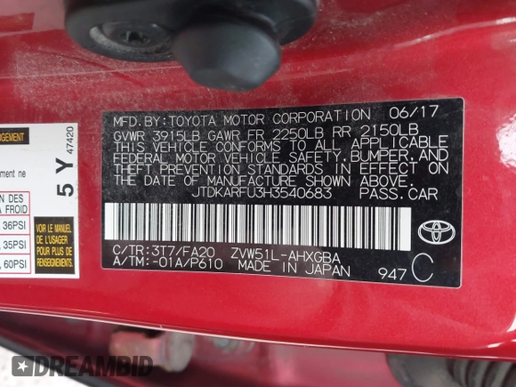 2017 Toyota Prius Two z VIN JTDKARFU3H3540683, wystawiony jako IAAI lot #41197785 z przebiegiem 230 904 mil mil oraz . Historia ofert i sprzedaży dostępna na DreamBid. Obrazek 9.