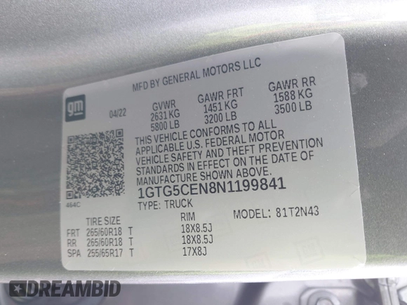 2022 GMC Canyon 2WD Elevation z VIN 1GTG5CEN8N1199841, wystawiony jako IAAI lot #41932356 z przebiegiem 33 720 mil mil oraz . Historia ofert i sprzedaży dostępna na DreamBid. Obrazek 9.