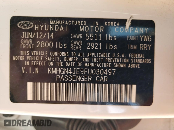 2015 Hyundai Genesis 3.8L with VIN KMHGN4JE9FU030497, listed as a Copart auction lot 58229074 with 166,236 mi miles and Salvage Title. Bid and sale history available at carsss.com. Image 14.