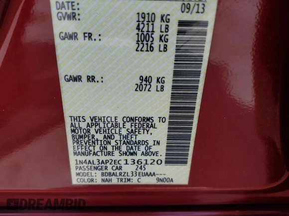 2014 Nissan Altima 2.5 S with VIN 1N4AL3AP2EC136120, listed as a Copart auction lot 53977915 with 120,837 mi miles and Salvage Title. Bid and sale history available at carsss.com. Image 12.