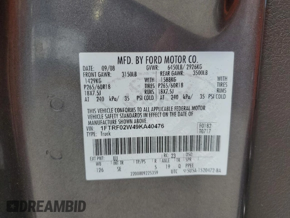 2009 Ford F-150 STX with VIN 1FTRF02W49KA40476, listed as a Copart auction lot 63109825 with Not provided miles and Clean title. Bid and sale history available at DreamBid. Image 12.