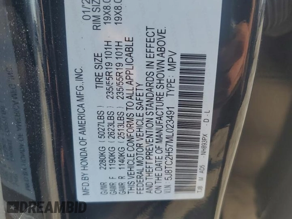 2021 Acura RDX w/Technology Package with VIN 5J8TC2H57ML023491, listed as a Copart auction lot 66988914 with 61,668 mi miles and Non Repairable. Bid and sale history available at carsss.com. Image 16.