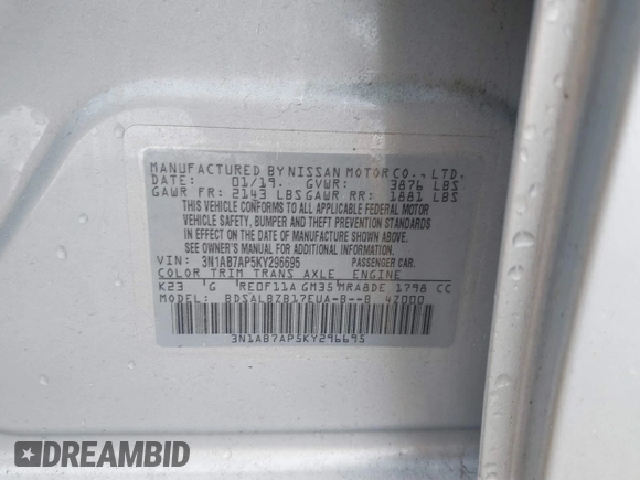 2019 Nissan Sentra SV with VIN 3N1AB7AP5KY296695, listed as a IAAI auction lot 41561686 with 48,653 mi miles and . Bid and sale history available at DreamBid. Image 9.