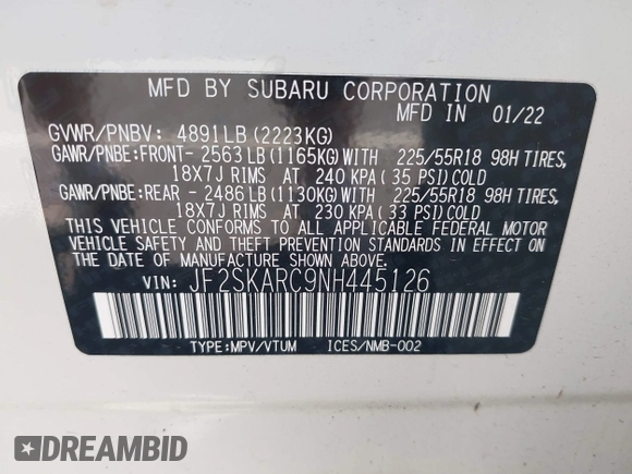 2022 Subaru Forester Touring with VIN JF2SKARC9NH445126, listed as a IAAI auction lot 42350111 with 61,998 mi miles and . Bid and sale history available at DreamBid. Image 9.
