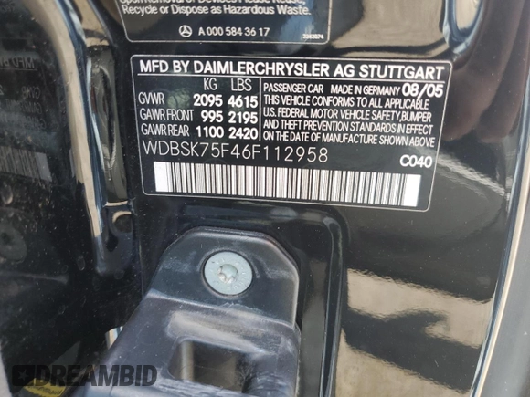 2006 Mercedes-Benz SL 500 with VIN WDBSK75F46F112958, listed as a Copart auction lot 66343425 with Not provided miles and Clean title. Bid and sale history available at DreamBid. Image 12.