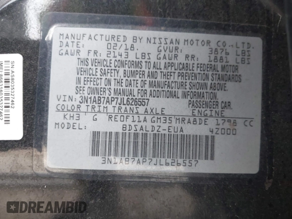 2018 Nissan Sentra SV with VIN 3N1AB7AP7JL626557, listed as a IAAI auction lot 41550090 with 104,066 mi miles and . Bid and sale history available at DreamBid. Image 9.