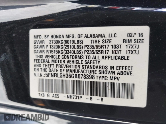 2016 Honda Odyssey SE with VIN 5FNRL5H36GB078398, listed as a IAAI auction lot 41995777 with 169,910 mi miles. Bid and sale history available at carsss.com. Image 9.