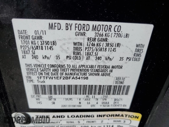2011 Ford F-150 XL with VIN 1FTFW1EF2BFA54198, listed as a Copart auction lot 61157805 with 121,657 mi miles and Salvage title. Bid and sale history available at DreamBid. Image 13.