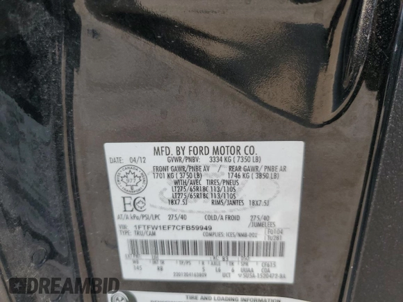 2012 Ford F-150 XL with VIN 1FTFW1EF7CFB59949, listed as a Copart auction lot 59999555 with 123,074 mi miles and Salvage title. Bid and sale history available at DreamBid. Image 12.