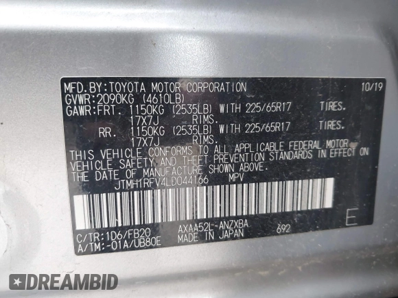 2020 Toyota RAV4 LE with VIN JTMH1RFV4LD044166, listed as a IAAI auction lot 40566121 with 55,856 mi miles. Bid and sale history available at carsss.com. Image 9.