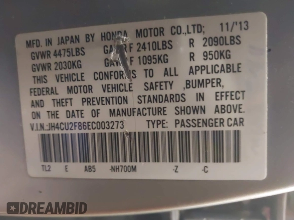 2014 Acura TSX Special Edition with VIN JH4CU2F86EC003273, listed as a IAAI auction lot 41470001 with 184,289 mi miles and . Bid and sale history available at DreamBid. Image 9.