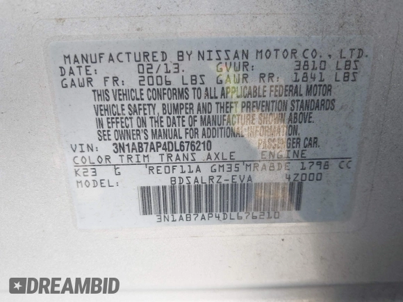2013 Nissan Sentra FE+ S with VIN 3N1AB7AP4DL676210, listed as a IAAI auction lot 41276900 with 155,037 mi miles and . Bid and sale history available at DreamBid. Image 9.
