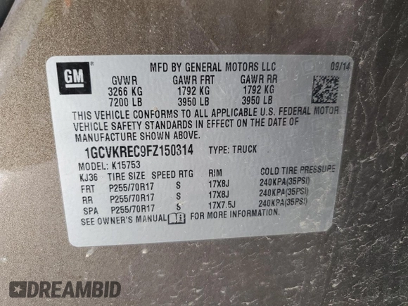 2015 Chevrolet Silverado 1500 with VIN 1GCVKREC9FZ150314, listed as a Copart auction lot 50610355 with 231,412 mi miles and Salvage Title. Bid and sale history available at DreamBid. Image 14.