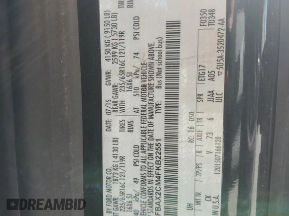 2015 Ford Transit Passenger XL z VIN 1FBAX2CM4FKB22551, wystawiony jako Copart lot #48118205 z przebiegiem 175 297 mil mil oraz Szkoda całkowita • Salvage title. Historia ofert i sprzedaży dostępna na DreamBid. Obrazek 13.