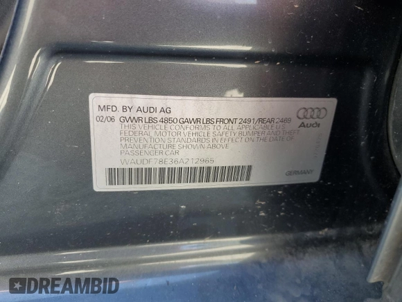 2006 Audi A4 2.0T with VIN WAUDF78E36A212965, listed as a Copart auction lot 53889695 with 172,432 mi miles and Salvage Title. Bid and sale history available at carsss.com. Image 12.
