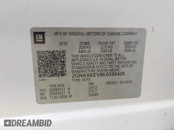 2019 Chevrolet Equinox LT with VIN 2GNAXKEV8K6169426, listed as a IAAI auction lot 41976055 with Not Provided miles and . Bid and sale history available at DreamBid. Image 9.