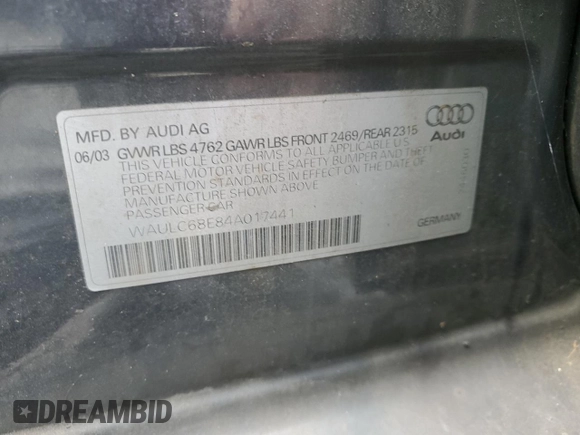 2004 Audi A4 1.8T with VIN WAULC68E84A017441, listed as a Copart auction lot 77380194 with 161,257 mi miles and Salvage Title. Bid and sale history available at carsss.com. Image 14.