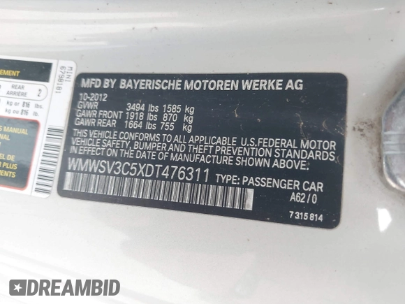 2013 MINI Hardtop S with VIN WMWSV3C5XDT476311, listed as a IAAI auction lot 42278808 with 101,646 mi miles and . Bid and sale history available at DreamBid. Image 9.