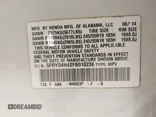 2015 Acura MDX Technology with VIN 5FRYD4H42FB010236, listed as a IAAI auction lot 42060257 with 189,301 mi miles and . Bid and sale history available at DreamBid. Image 9.