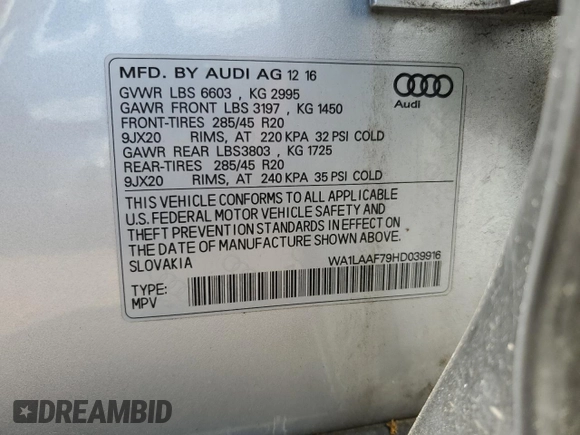 2017 Audi Q7 Premium Plus z VIN WA1LAAF79HD039916, wystawiony jako Copart lot #62238335 z przebiegiem 71 637 mil mil oraz Szkoda całkowita • Salvage title. Historia ofert i sprzedaży dostępna na DreamBid. Obrazek 13.
