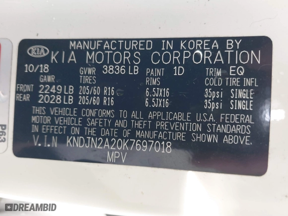 2019 Kia Soul with VIN KNDJN2A20K7697018, listed as a IAAI auction lot 41547034 with 86,624 mi miles. Bid and sale history available at carsss.com. Image 9.