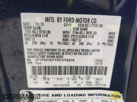 2013 Ford F-150 XL with VIN 1FTFW1EF7DFD74216, listed as a IAAI auction lot 42487563 with 145,888 mi miles and . Bid and sale history available at DreamBid. Image 9.
