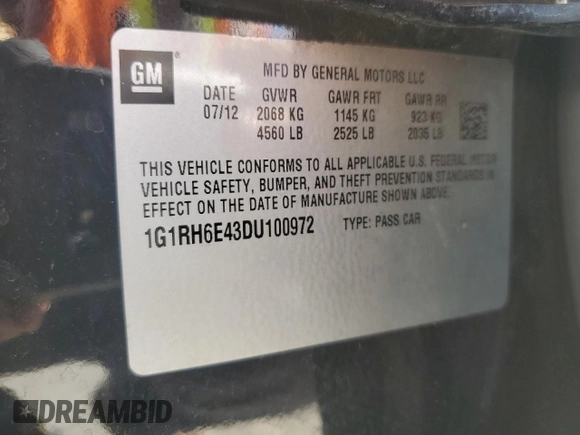2013 Chevrolet Volt with VIN 1G1RH6E43DU100972, listed as a Copart auction lot 46146055 with 161,257 mi miles and Salvage Title. Bid and sale history available at carsss.com. Image 14.