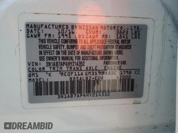 2017 Nissan Sentra SR with VIN 3N1AB7AP4HY214352, listed as a Copart auction lot 51851885 with 97,323 mi miles and Salvage Title. Bid and sale history available at DreamBid. Image 13.