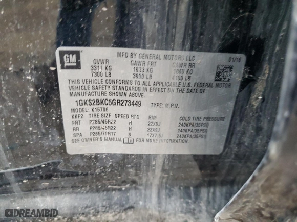 2016 GMC Yukon SLT with VIN 1GKS2BKC5GR273449, listed as a Copart auction lot 58732992 with 111,248 mi miles and Salvage Title. Bid and sale history available at carsss.com. Image 10.
