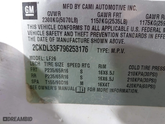 2009 Pontiac Torrent with VIN 2CKDL33F796253176, listed as a IAAI auction lot 42050914 with 290,933 mi miles. Bid and sale history available at carsss.com. Image 9.