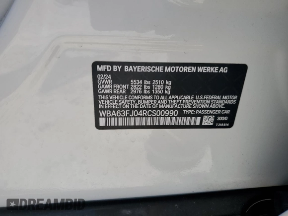 2024 BMW 5 Series 540i xDrive with VIN WBA63FJ04RCS00990, listed as a Copart auction lot 60112415 with Not provided miles and Salvage title. Bid and sale history available at DreamBid. Image 12.