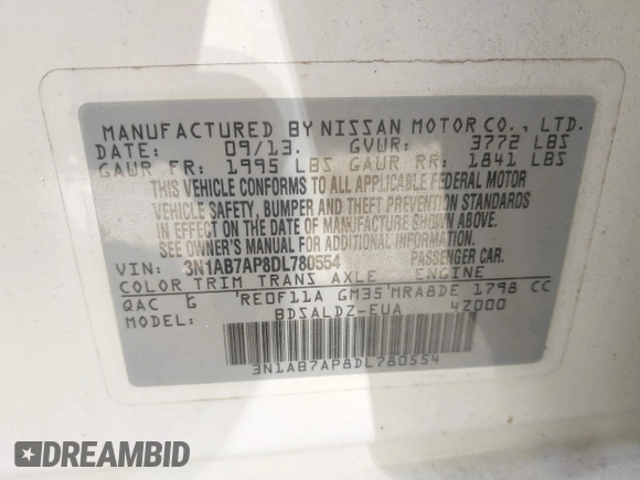 2013 Nissan Sentra SV with VIN 3N1AB7AP8DL780554, listed as a IAAI auction lot 41791955 with 81,479 mi miles. Bid and sale history available at carsss.com. Image 9.
