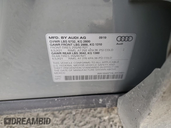 2020 Audi SQ5 Premium Plus with VIN WA1B4AFY4L2013451, listed as a Copart auction lot 52590665 with 33,551 mi miles and Salvage Title. Bid and sale history available at carsss.com. Image 13.