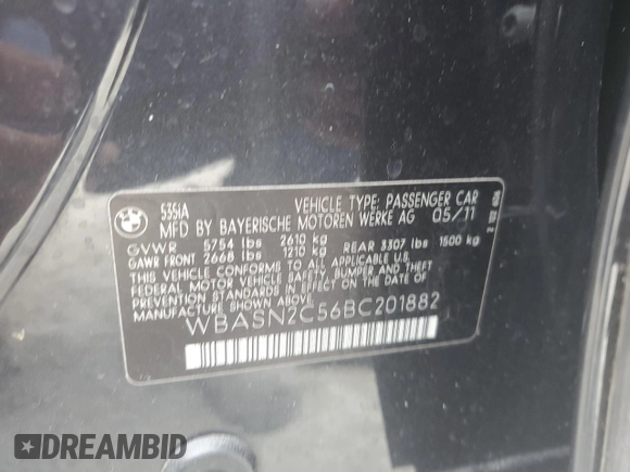 2011 BMW 5 Series 535i with VIN WBASN2C56BC201882, listed as a Copart auction lot 85190924 with 106,329 mi miles and Salvage Title. Bid and sale history available at carsss.com. Image 14.