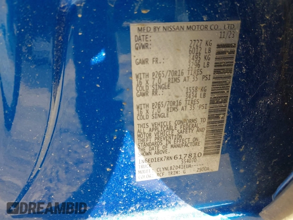 2024 Nissan Frontier Pro-4X with VIN 1N6ED1EK7RN617810, listed as a IAAI auction lot 41768401 with 13,131 mi miles and . Bid and sale history available at DreamBid. Image 9.