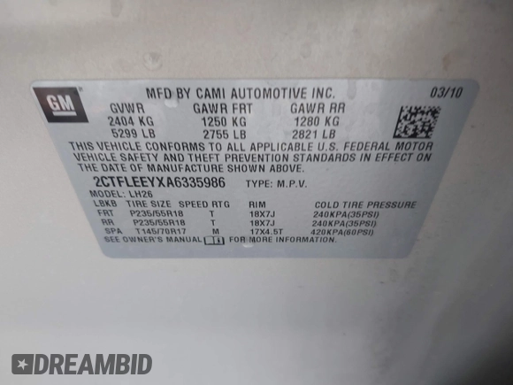 2010 GMC Terrain SLE-2 с VIN 2CTFLEEYXA6335986, выставлен на аукционе IAAI как лот 42081681 с пробегом 105 904 миль миль и . История ставок и продаж доступна на DreamBid. Изображение 9.