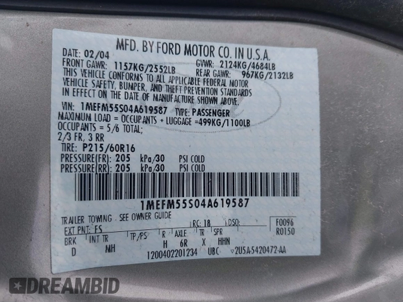 2004 Mercury Sable LS Premium with VIN 1MEFM55S04A619587, listed as a IAAI auction lot 41571950 with 125,444 mi miles and . Bid and sale history available at DreamBid. Image 9.