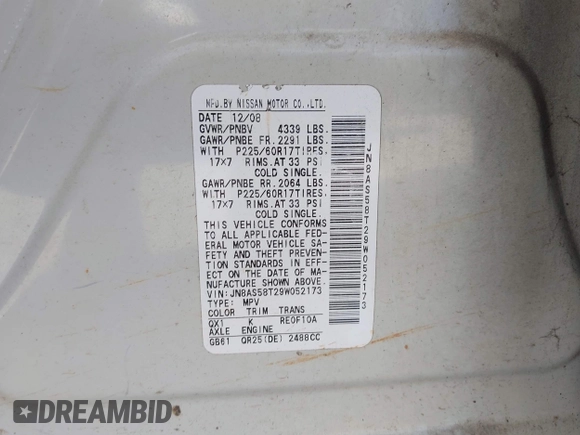 2009 Nissan Rogue SL with VIN JN8AS58T29W052173, listed as a IAAI auction lot 42161307 with 186,340 mi miles and . Bid and sale history available at DreamBid. Image 9.