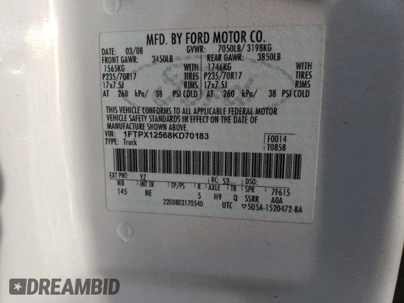 2008 Ford F-150 XL with VIN 1FTPX12568KD70183, listed as a Copart auction lot 60864785 with 268,936 mi miles and Salvage title. Bid and sale history available at DreamBid. Image 12.