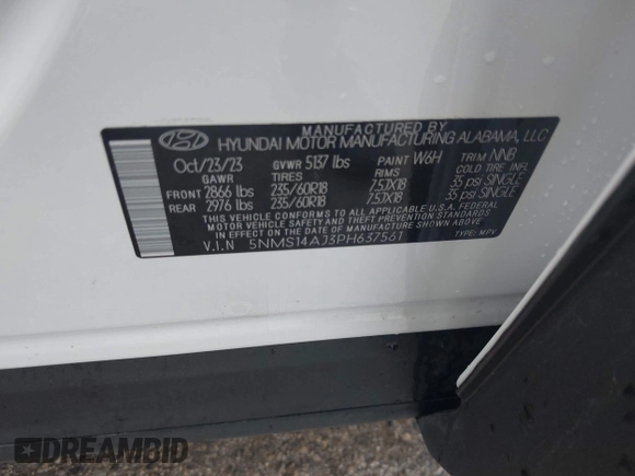 2023 Hyundai Santa Fe SE with VIN 5NMS14AJ3PH637561, listed as a IAAI auction lot 41905620 with 5,937 mi miles and . Bid and sale history available at DreamBid. Image 9.