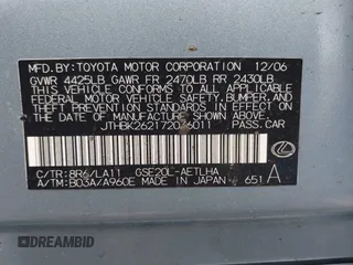 2007 Lexus IS with VIN JTHBK262172036011, listed as a IAAI auction lot 42162189 with 254,151 mi miles. Bid and sale history available at carsss.com. Image 9.